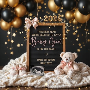 Baby Girl New Year Pregnancy Announcement Digital, Cute New Years Baby Girl Announcement, Editable Template/ Its a Girl Pink teddy bear 2026