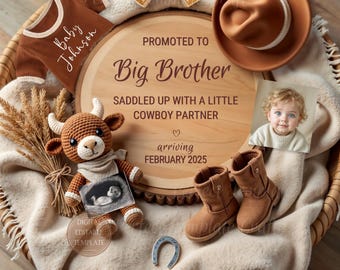 Cowboy Big Brother Pregnancy Announcement Digital, Western Second Baby Reveal, Rustic Little Cowboy, Promoted to Big Brother baby #2
