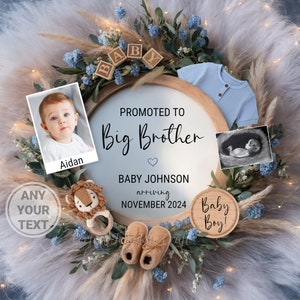 Big Brother Pregnancy Announcement Digital, Second baby Boy announcement template social media, Big bro with photo & ultrasound picture 2 zdjęcie 1