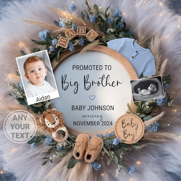 Big Brother Pregnancy Announcement Digital, Second baby Boy announcement template social media, Big bro with photo & ultrasound picture #2