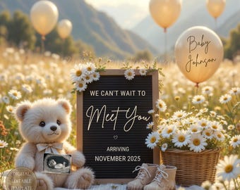 Summer Pregnancy Announcement digital, Boho Baby Gender Neutral reveal, We Can’t Wait to Meet You, Cute Editable Template
