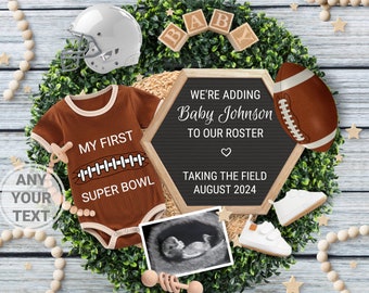 Super Bowl Pregnancy Announcement Digital, Football Baby Announcement, My First Super Bowl, Father's Day Football theme Daddy Template