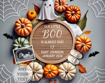 Little Boo Pregnancy Announcement Halloween Digital, spooky Baby Announcement Editable Template with sonogram, Our Little Boo Is almost due