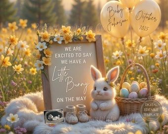 Puede incluir: Un anuncio de nacimiento digital imprimible con un conejito blanco sosteniendo un cartel que dice "Estamos emocionados de decir que tenemos un pequeño conejito en camino". El cartel está rodeado de flores amarillas y dos globos que dicen "Baby Johnson" y "Octubre 2025".