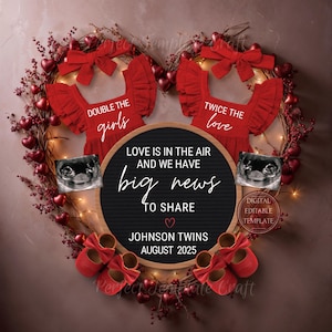 Valentines day Twin Girls Pregnancy Announcement Digital, Valentine&#39;s Twin Girls Gender Reveal, twice love Template, Two little Girls babies