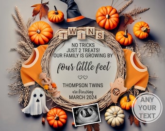 Halloween Twins pregnancy announcement digital, Spooky Twin Reveal Gender Neutral, No Tricks Just 2 Treat, October Fall Pumpkin, Witch Vibes