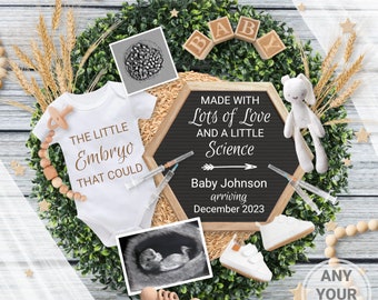 IVF Pregnancy Announcement Digital with Embryo Sonogram pic, Editable Gender Neutral Boho Pregnancy Reveal, Lots Love & LITTLE Science Baby