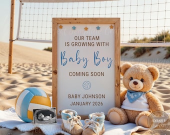 Beach Volleyball Baby Boy Pregnancy Announcement Digital, Summer Coastal Sports Themed, Editable template