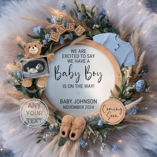 Baby Boy Digital Pregnancy Announcement, boho Gender Reveal. Social Media Facebook. Instagram. we are excited to say Baby Boy is on the way