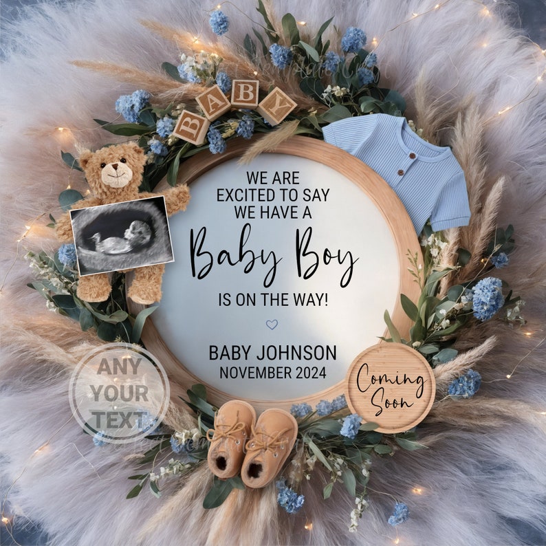 Baby Boy Digital Pregnancy Announcement, boho Gender Reveal. Social Media Facebook. Instagram. we are excited to say Baby Boy is on the way image 1