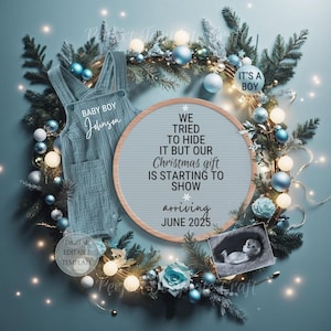 Lindo anuncio digital de embarazo de bebé varón navideño, revelación de género de niño, plantilla editable de regalo navideño mágico azul bohemio con aletas