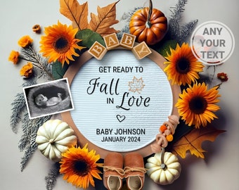 Fall in love Pregnancy Announcement Digital Editable Template for Social Media, Little Pumpkin baby announcement, Autumn orange Sunflower
