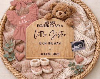 Little Sister Pregnancy Announcement Digital, Baby Girl Cozy Pink Editable February Template, Valentine Second baby #2 #3 Reveal