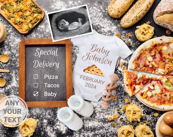 Annuncio digitale di gravidanza per pizza, Idea per annuncio di bambino con consegna speciale, Tema pizza, Modello modificabile e personalizzabile, Genere neutro