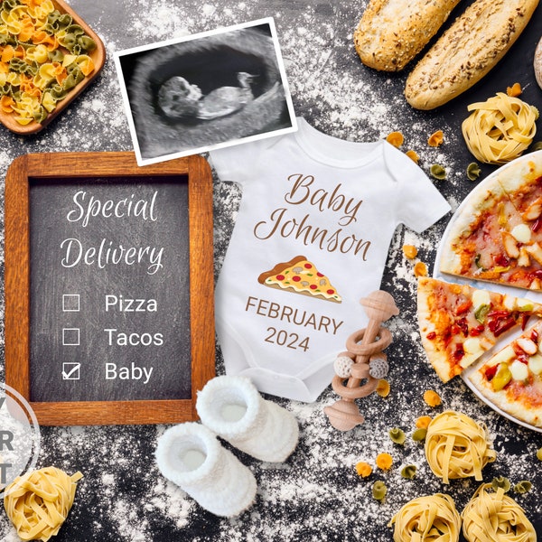 Anuncio de embarazo de pizza digital, Idea de anuncio de bebé de entrega especial, Tema de pizza, Plantilla editable personalizable, Género neutral