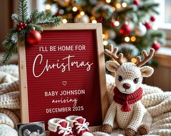 Christmas Baby Announcement Digital, Pregnancy Announcement holiday December reveal, Gender Neutral reindeer, I’ll be home for Christmas