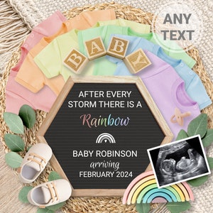 Rainbow Baby Announcement Digital Miracle Pregnancy Announcement Reveal Editable template for social media after every storm there Rainbow image 1