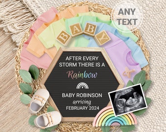 Rainbow Baby Announcement Digital Miracle Pregnancy Announcement Reveal Editable template for social media after every storm there Rainbow