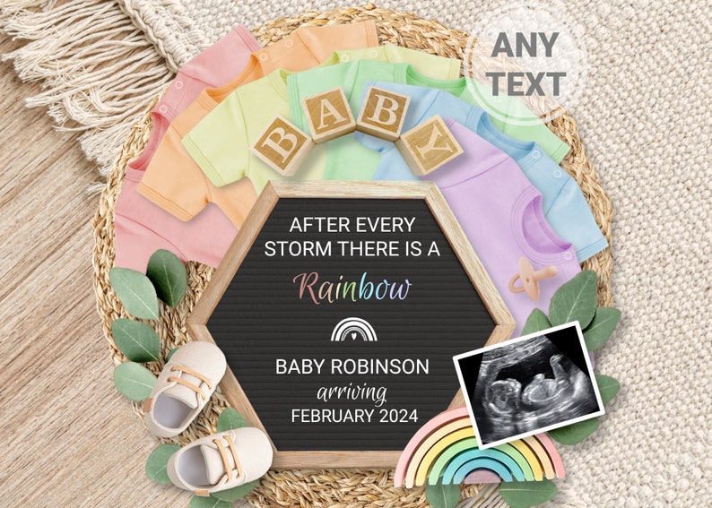 Rainbow Baby Announcement Digital Miracle Pregnancy Announcement Reveal Editable template for social media after every storm there Rainbow image 1