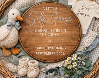 Aankondigingssjabloon babyjongen, grappige Silly Goose zwangerschap onthullen, digitale blauwe lente It's a Boy-sjabloon
