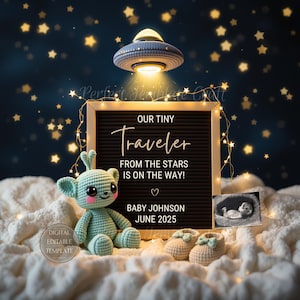 Alien Pregnancy Announcement Digital, UFO Space Baby Announcement, Our Tiny Traveler Editable Template, Magical Starry Night Gender Neutral