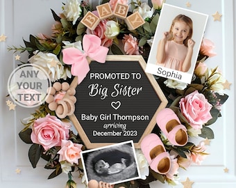 Baby Girl Big Sister Pregnancy Announcement Digital, Second baby announcement template for social media, it's a Girl Promoted to Big sis #2