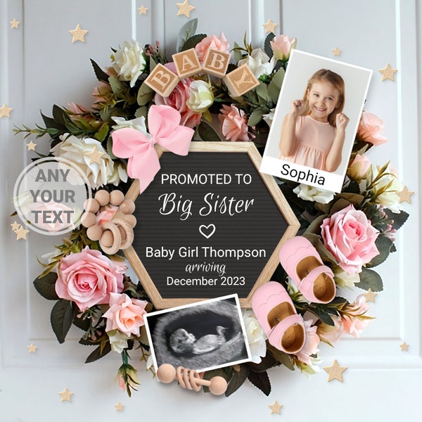 Baby Girl Big Sister Pregnancy Announcement Digital, Second baby announcement template for social media, it's a Girl Promoted to Big sis #2