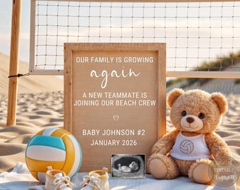 beach volleyball pregnancy announcement digital, Second baby reveal, beach sport family growing again, Third baby #2 #3 #4