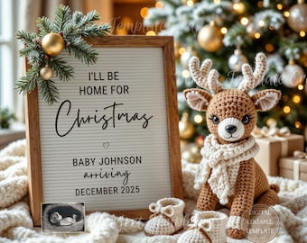 Kerstzwangerschapsaankondiging Digitale babyaankondiging December vakantie baby-onthulling genderneutraal rendier I'll be home for Christmas