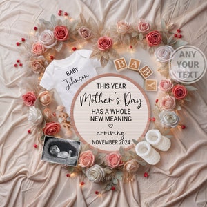Mother's day digital baby announcement, Flowers gender neutral digital pregnancy announcement, Summer May Boho Roses Editable template