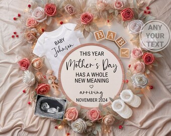 Mother's day digital baby announcement, Flowers gender neutral digital pregnancy announcement, Summer May Boho Roses Editable template