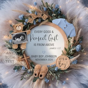 Boy Religious Digital Pregnancy Announcement, It's a Boy Baby Announcement, Christian Editable Template, Every good perfect gift from above image 1