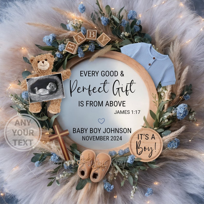 Boy Religious Digital Pregnancy Announcement, It's a Boy Baby Announcement, Christian Editable Template, Every good perfect gift from above image 1