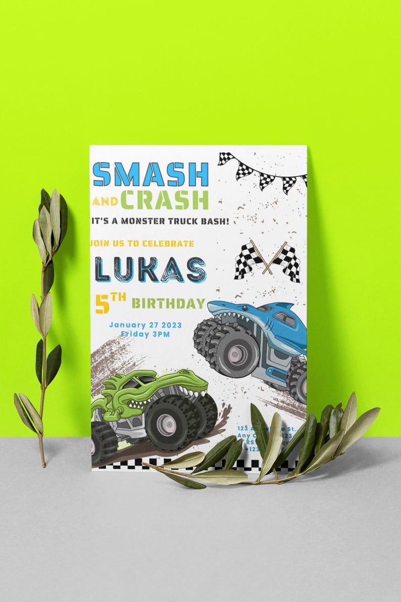 Monster Jam Theme Kids Birthday Invitation, Birthday Jam, Monster Truck Birthday Invite, 8 Variations of Trucks Available, Fully Editable and Customizable Invite Templates

Megalodon, 3 Versions of Monster Mutt, Grave Digger, El Torro Loco, Lucas Stabilizer, Sparkle Smash, and Dragon Monster Jam Trucks.