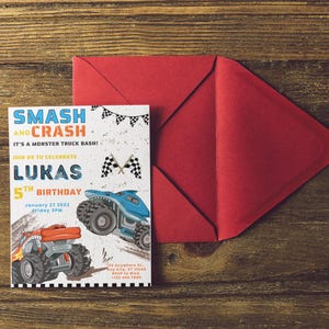 Monster Jam Theme Kids Birthday Invitation, Birthday Jam, Monster Truck Birthday Invite, 8 Variations of Trucks Available, Fully Editable and Customizable Invite Templates

Megalodon, 3 Versions of Monster Mutt, Grave Digger, El Torro Loco, Lucas Stabilizer, Sparkle Smash, and Dragon Monster Jam Trucks.