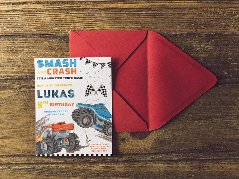 Monster Jam Theme Kids Birthday Invitation, Birthday Jam, Monster Truck Birthday Invite, 8 Variations of Trucks Available, Fully Editable and Customizable Invite Templates

Megalodon, 3 Versions of Monster Mutt, Grave Digger, El Torro Loco, Lucas Stabilizer, Sparkle Smash, and Dragon Monster Jam Trucks.