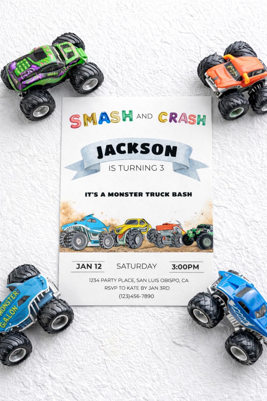 Smash & Crash Monster Truck Birthday Invitation: Monster Jam Theme Boy ...