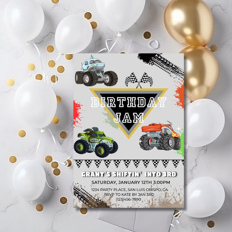 Monster Jam Theme Kids Birthday Invitation, Birthday Jam, Colorful ...