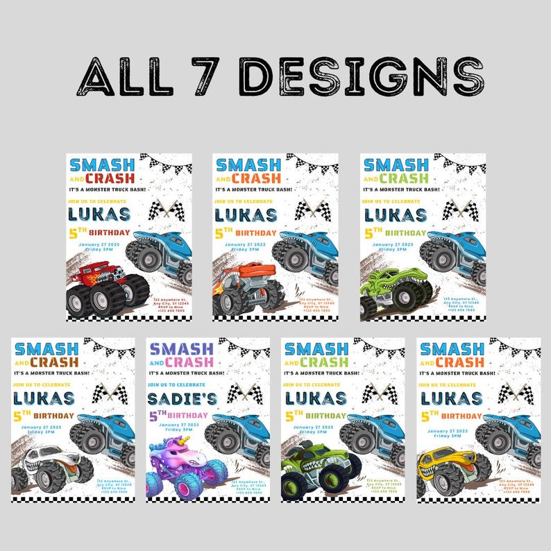 Monster Jam Theme Kids Birthday Invitation, Birthday Jam, Monster Truck Birthåday Invite, 8 Variations of Trucks Available, Fully Editable and Customizable Invite Templates

Megalodon, 3 Versions of Monster Mutt, Grave Digger, El Torro Loco, Lucas Stabilizer, Sparkle Smash, and Dragon Monster Jam Trucks.