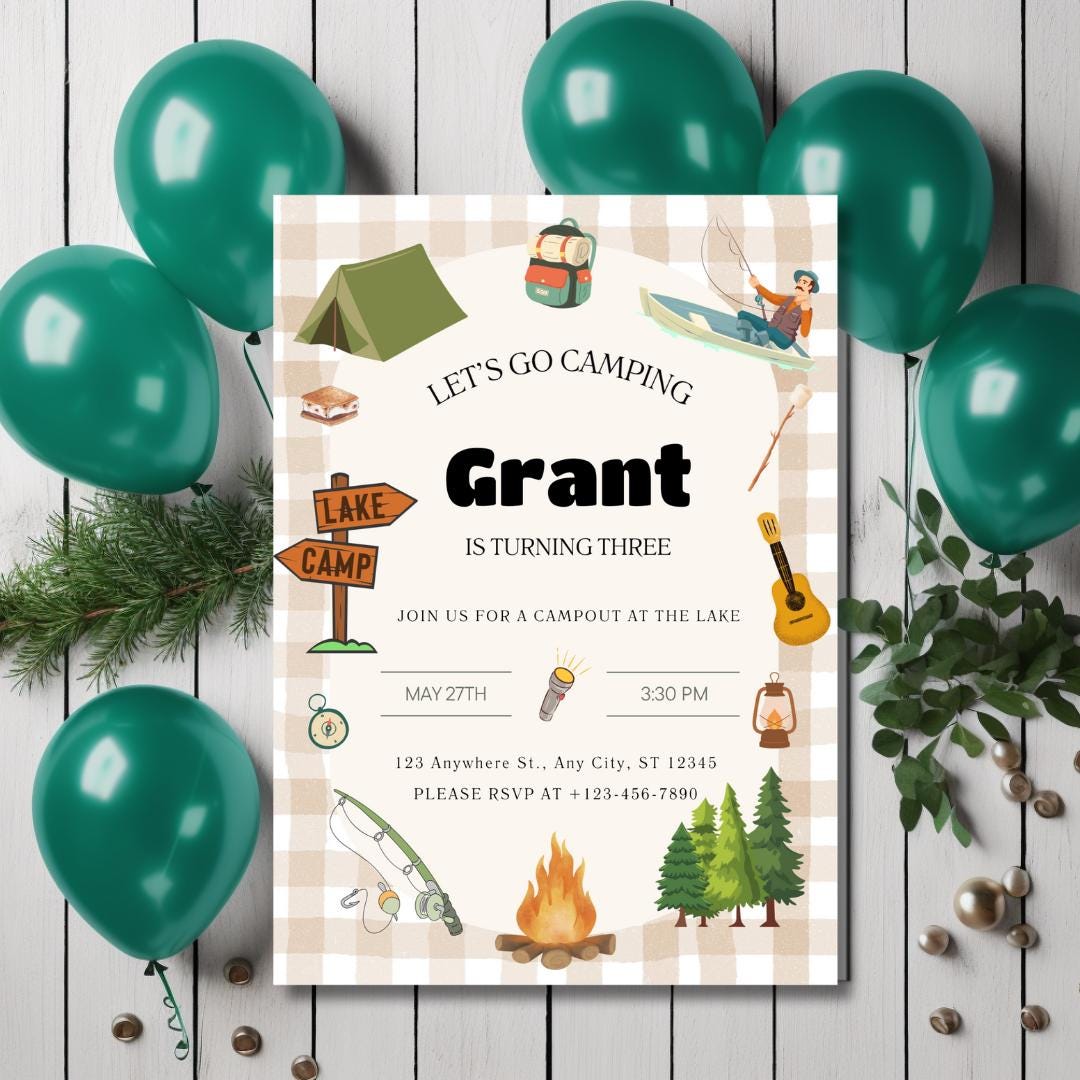 Rustic Camping Birthday Invitation – Plaid Lake Party (canva Template ...