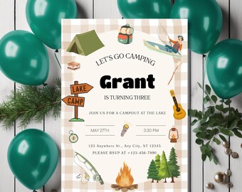 Rustic Camping Birthday Invitation – Plaid Lake Party (Canva Template)