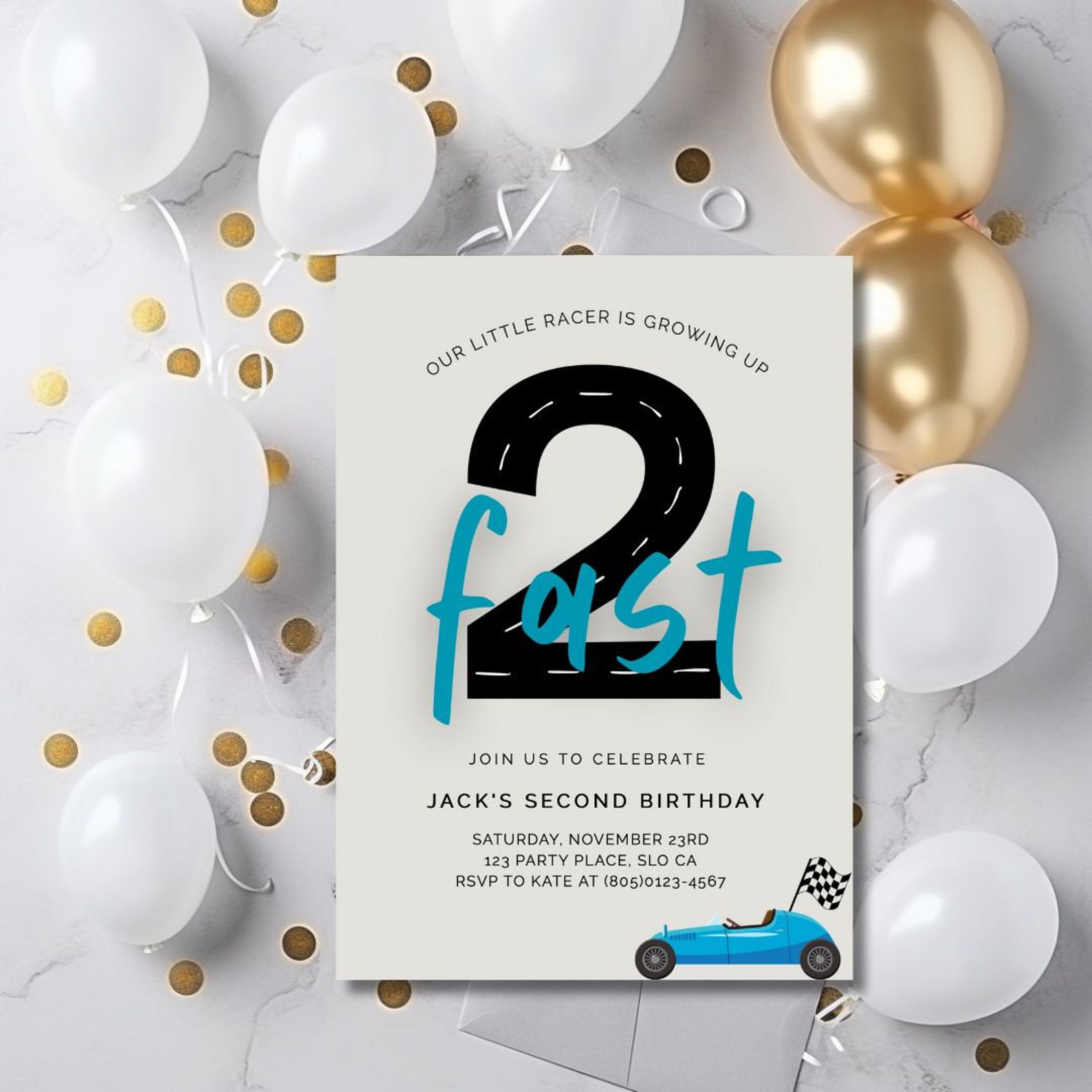 Two Fast Theme Kid's Second Birthday Invitation, Two Fast Birthday ...