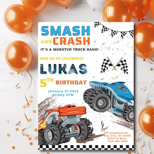 Può includere: Un invito di compleanno per una festa di compleanno di 5 anni con tema monster truck. L'invito presenta un monster truck blu con testa di squalo e un monster truck rosso. Il testo sull'invito recita "Smash and Crash, It's a Monster Truck Bash! Join us to celebrate Lukas 5th Birthday, January 27, 2023, Friday 3PM".