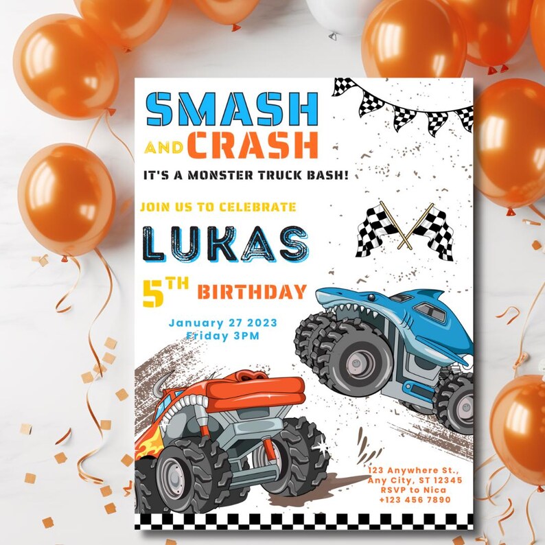 Monster Jam Theme Kids Birthday Invitation, Birthday Jam, Monster Truck Birthday Invite, 8 Variations of Trucks Available, Fully Editable and Customizable Invite Templates

Megalodon, 3 Versions of Monster Mutt, Grave Digger, El Torro Loco, Lucas Stabilizer, Sparkle Smash, and Dragon Monster Jam Trucks.