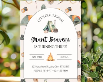 Camping Birthday Invitation – Watercolor Tent Party Invite (Canva Template)
