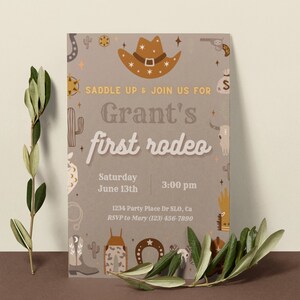 Customizable Saddle Up for First Rodeo Birthday Invitation / Rodeo Theme 1st Birthday Invite - Beige - My First Rodeo Party. 5x7
