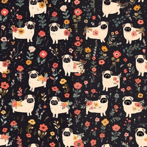 Cute Pugs with flowers seamless pattern art design