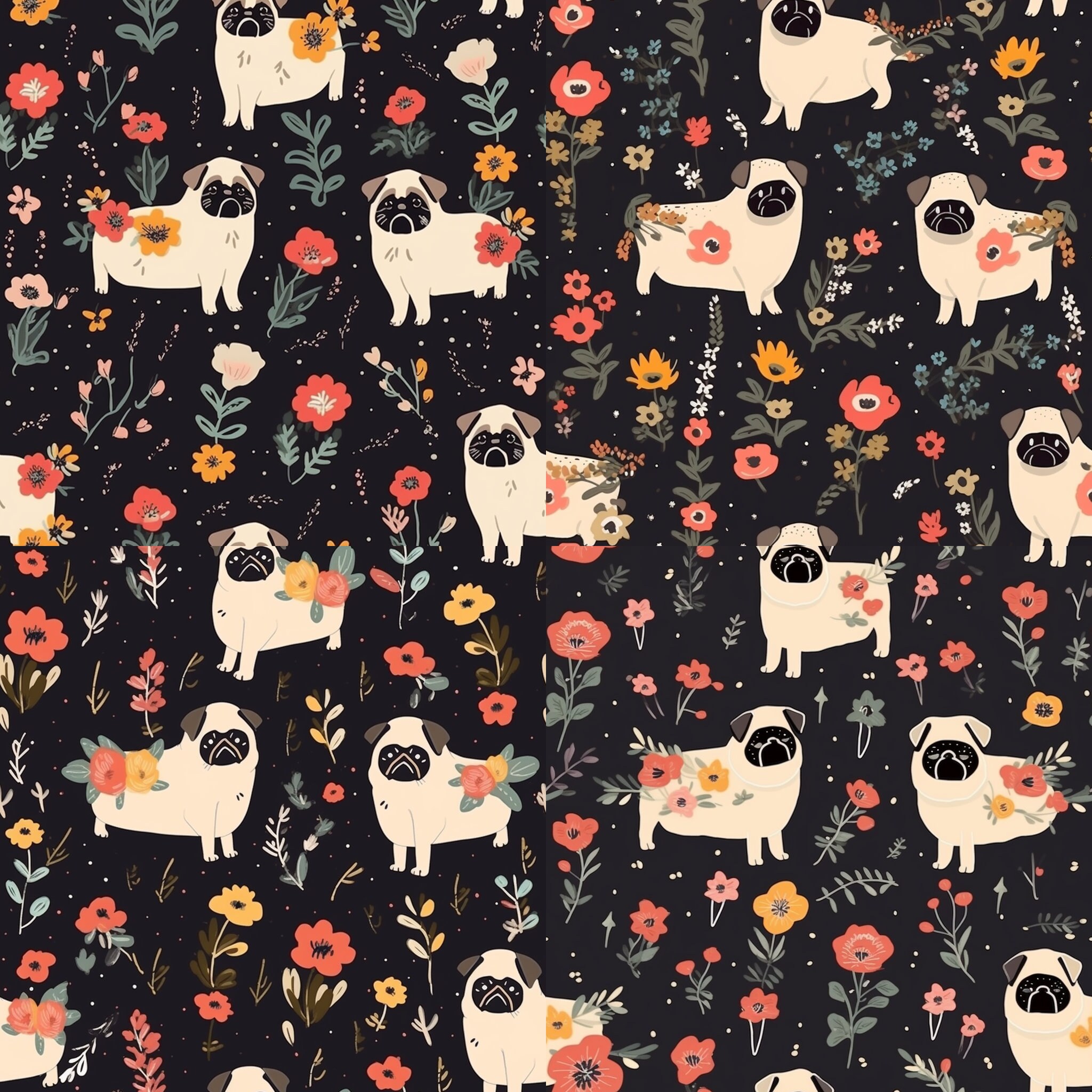 Cute Pugs With Flowers Seamless Pattern Art Design - Etsy