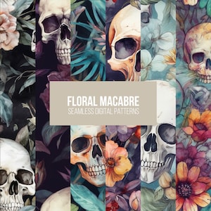 Floral Macabre Pattern Pack, 6 naadloze patroon met bloemen en schedels