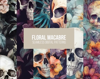 Floral Macabre Pattern Pack, 6 Seamless Pattern with Flowers and Skulls